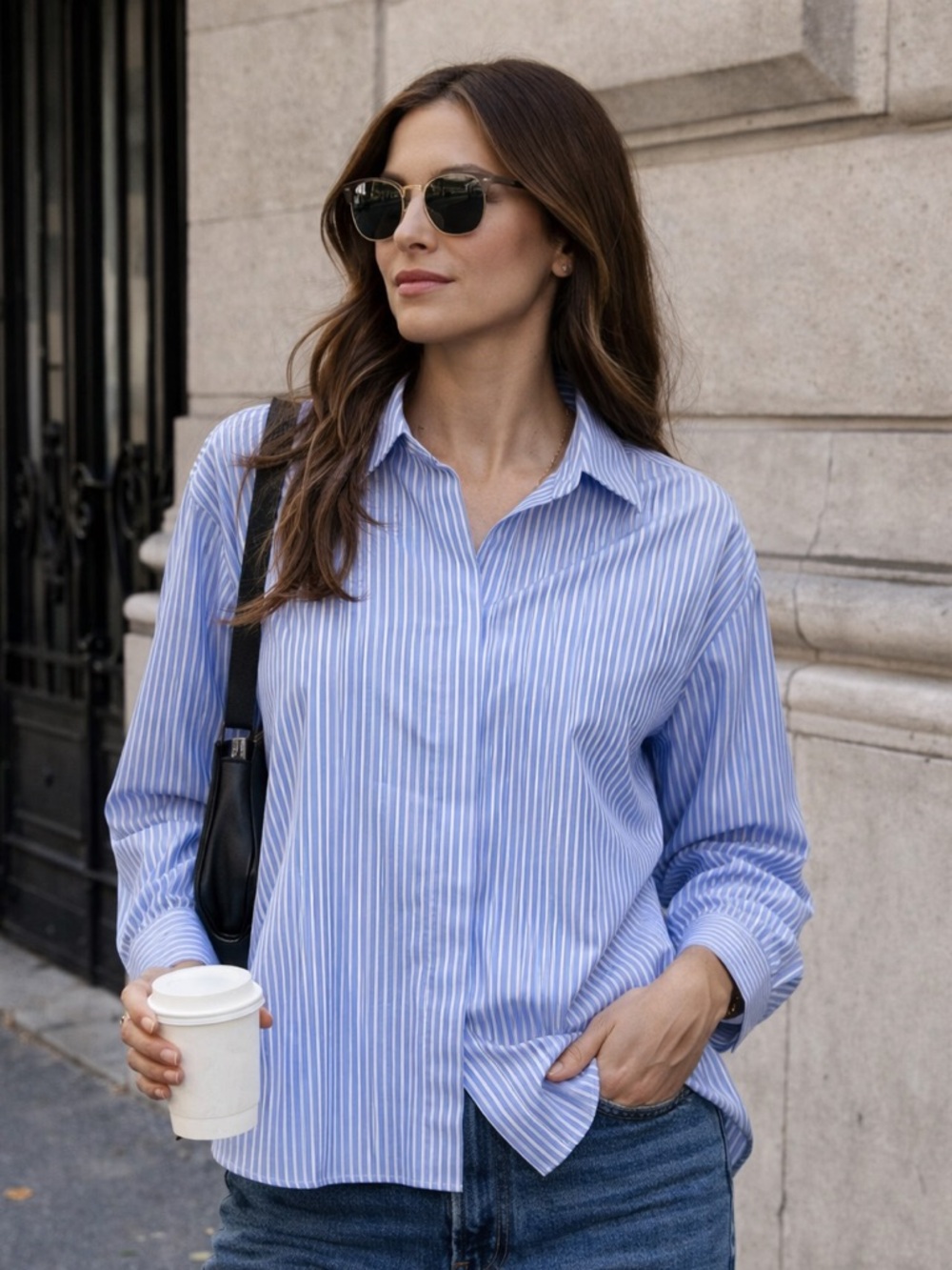 Zara Blue Striped Button Down Shirt Women’s XS Hidden Buttons Lightweight Chic